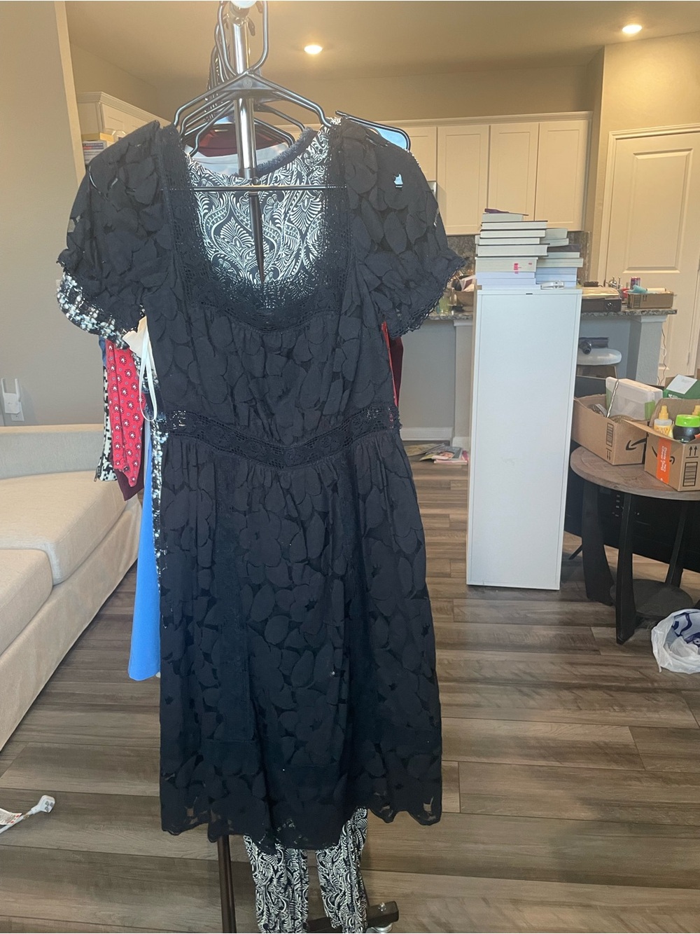 Anna Sui Black Textured Puff-Sleeve Dress